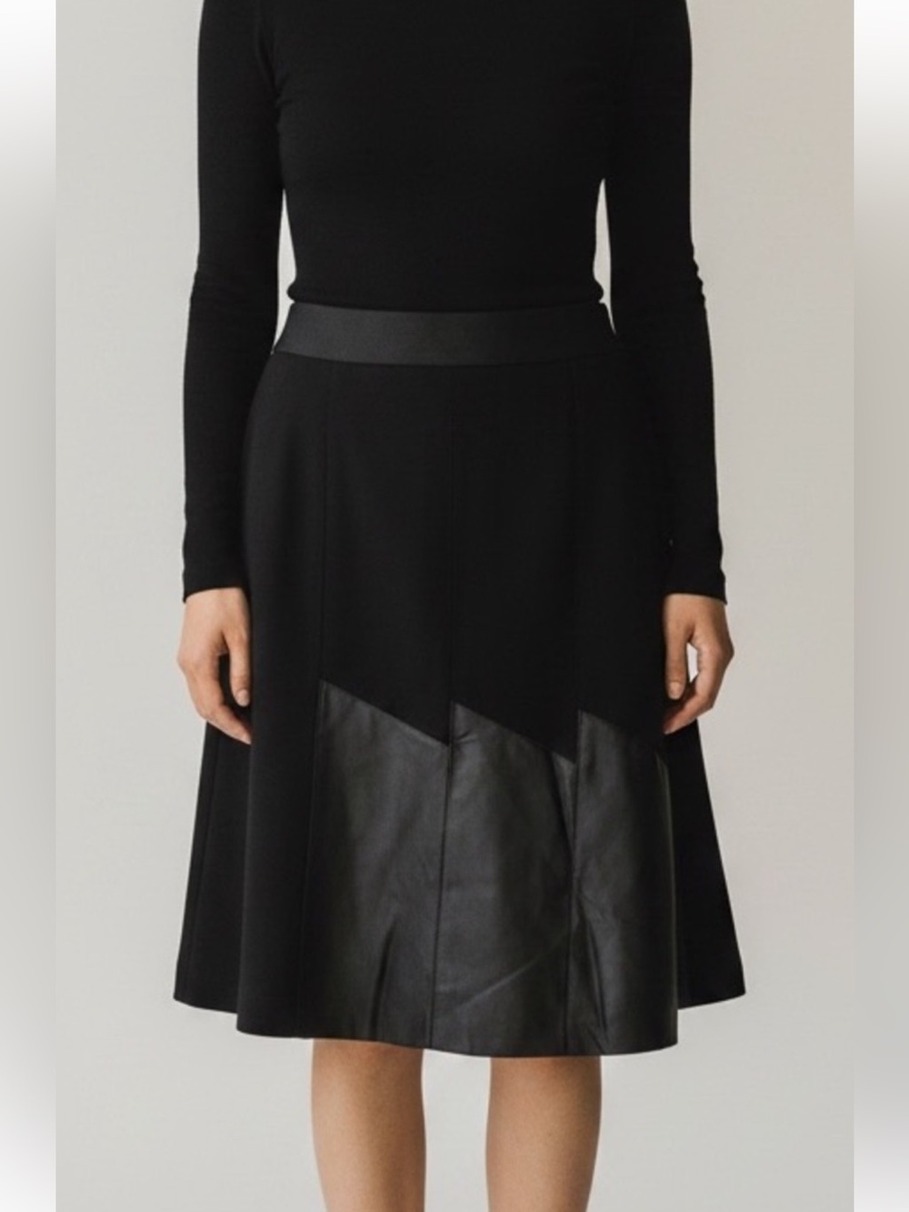 Black A-Line Midi Skirt with Faux Leather Panel